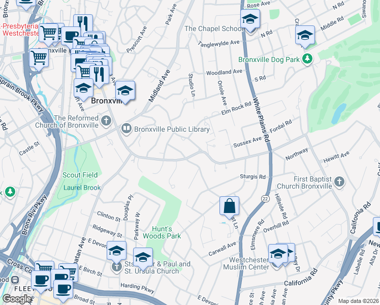 map of restaurants, bars, coffee shops, grocery stores, and more near 1 High Road in Bronxville