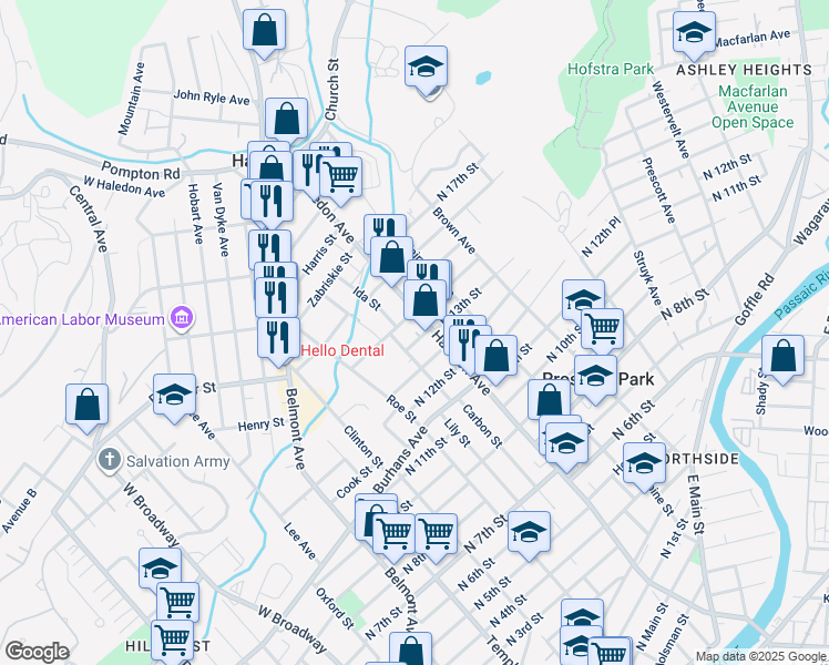 map of restaurants, bars, coffee shops, grocery stores, and more near 71 North 14th Street in Haledon