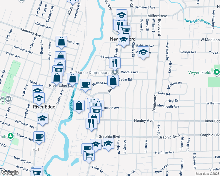 map of restaurants, bars, coffee shops, grocery stores, and more near 560 River Road in New Milford