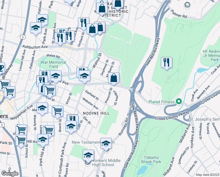 map of restaurants, bars, coffee shops, grocery stores, and more near 21 Van Buren Street in Yonkers