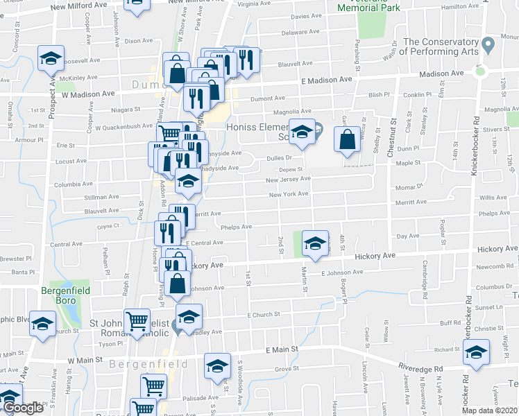 map of restaurants, bars, coffee shops, grocery stores, and more near 103 Merritt Avenue in Bergenfield