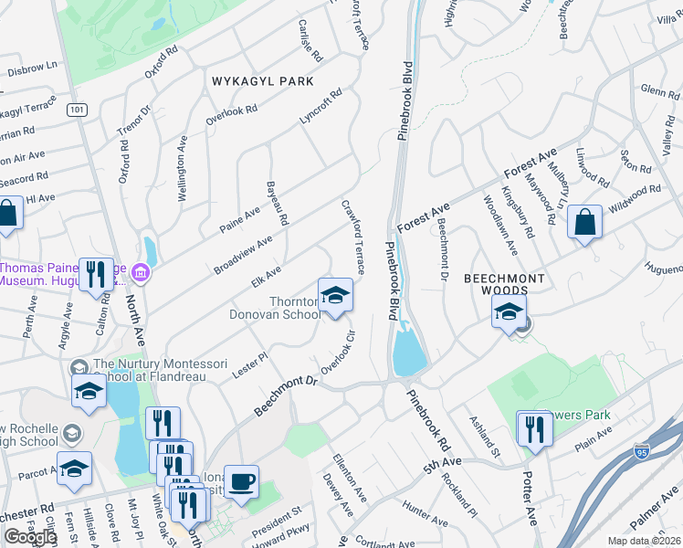 map of restaurants, bars, coffee shops, grocery stores, and more near 7 Forest Circle in New Rochelle