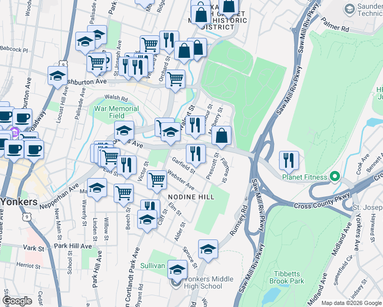 map of restaurants, bars, coffee shops, grocery stores, and more near 97 William Street in Yonkers