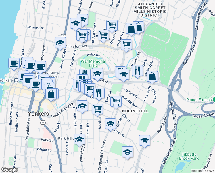 map of restaurants, bars, coffee shops, grocery stores, and more near 60 Yonkers Avenue in Yonkers