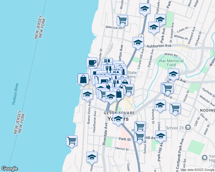 map of restaurants, bars, coffee shops, grocery stores, and more near 66 Main Street in Yonkers