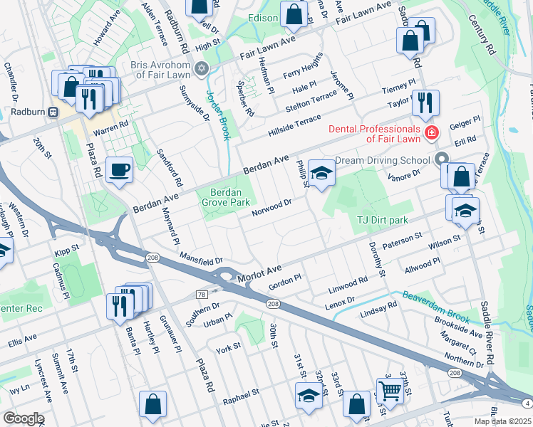 map of restaurants, bars, coffee shops, grocery stores, and more near 31-10 Norwood Drive in Fair Lawn