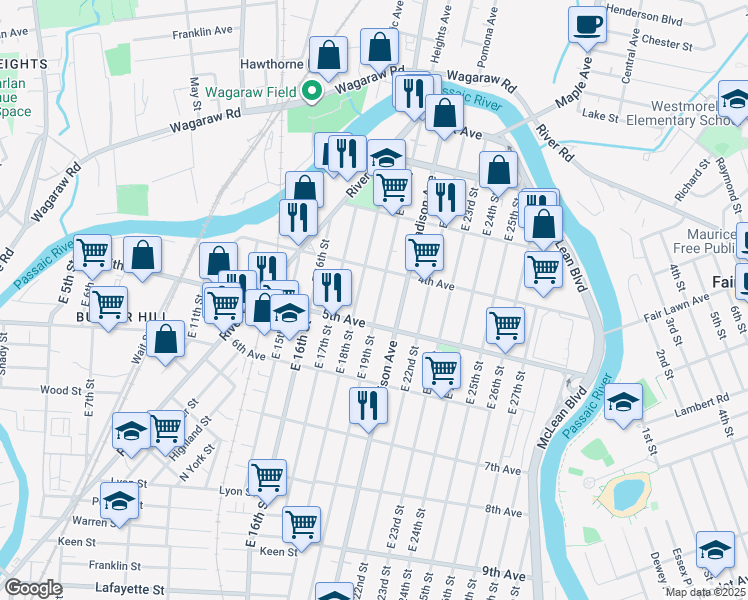 map of restaurants, bars, coffee shops, grocery stores, and more near 169 East 19th Street in Paterson