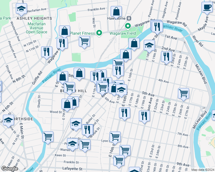 map of restaurants, bars, coffee shops, grocery stores, and more near in Paterson