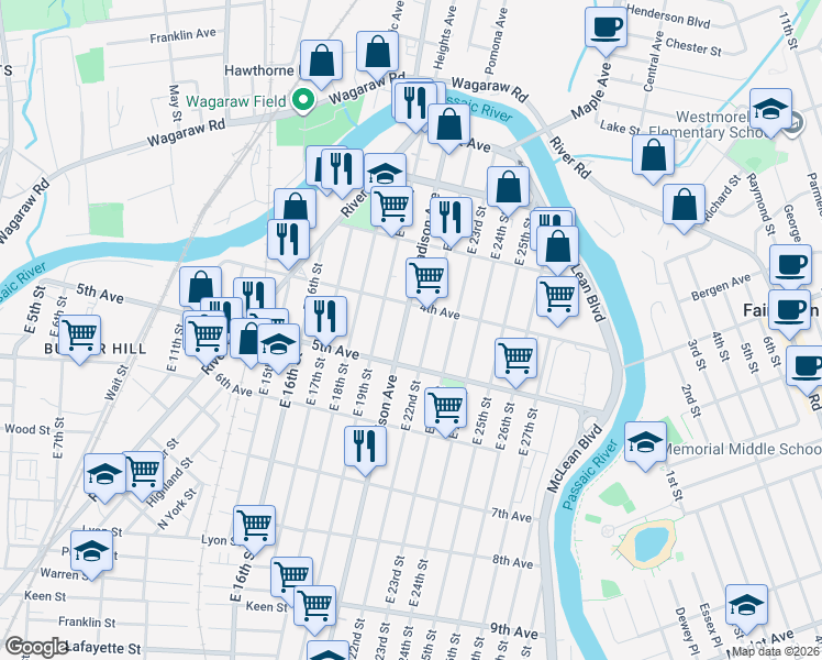 map of restaurants, bars, coffee shops, grocery stores, and more near 161 Madison Avenue in Paterson