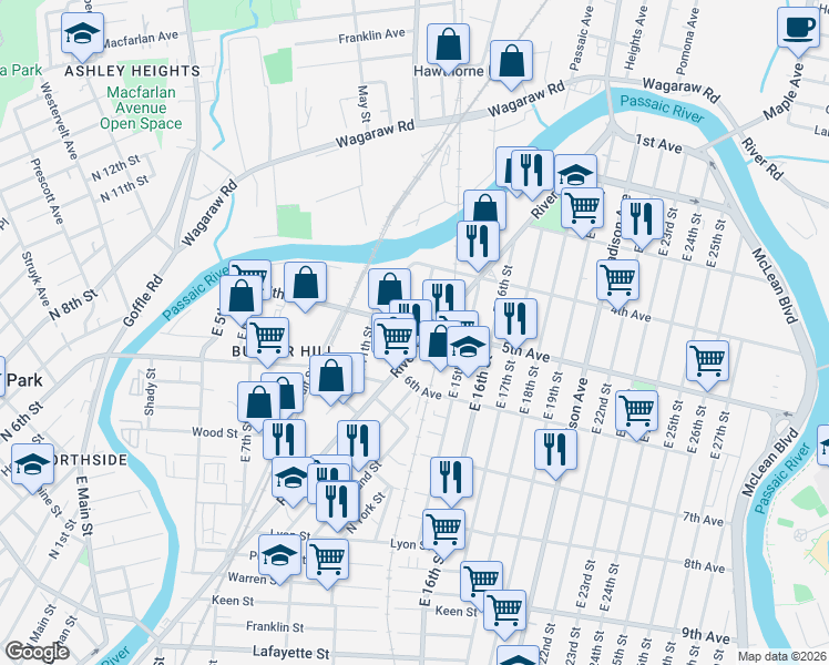 map of restaurants, bars, coffee shops, grocery stores, and more near in Paterson