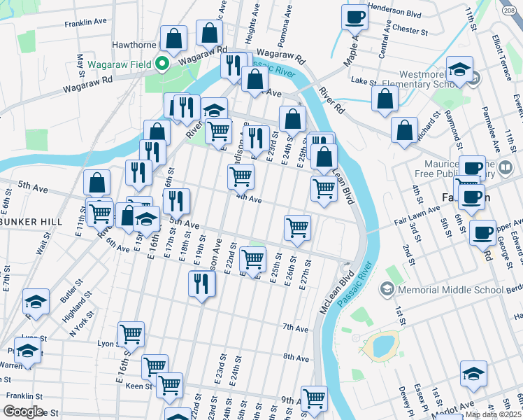 map of restaurants, bars, coffee shops, grocery stores, and more near 153 East 23rd Street in Paterson