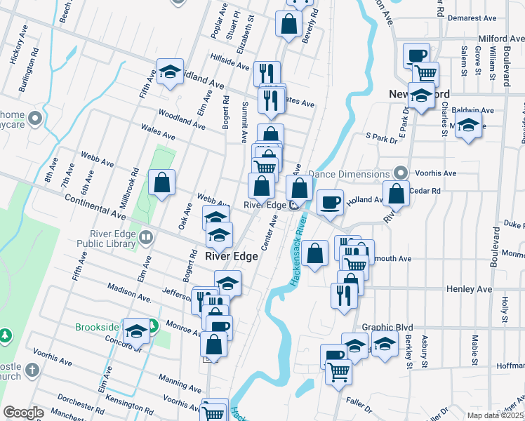 map of restaurants, bars, coffee shops, grocery stores, and more near 47 River Edge Road in River Edge