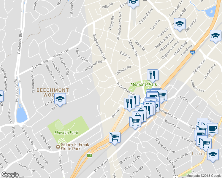 map of restaurants, bars, coffee shops, grocery stores, and more near 3 Huguenot Drive in Larchmont