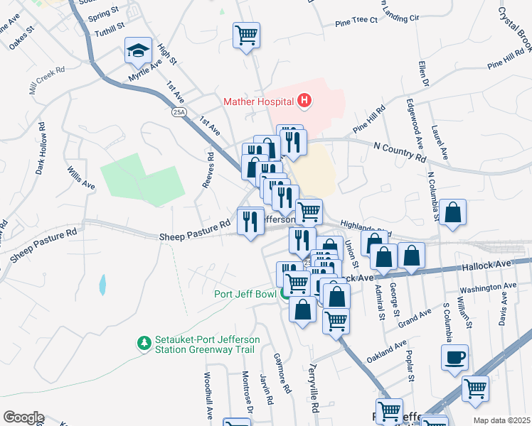 map of restaurants, bars, coffee shops, grocery stores, and more near 25 Linden Place in Port Jefferson