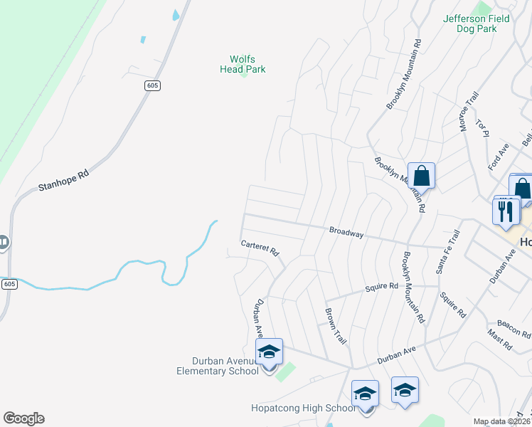 map of restaurants, bars, coffee shops, grocery stores, and more near 67 Broadway in Hopatcong