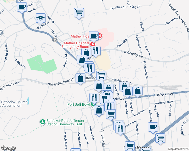 map of restaurants, bars, coffee shops, grocery stores, and more near 1600 Main Street in Port Jefferson