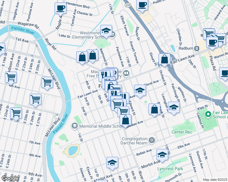 map of restaurants, bars, coffee shops, grocery stores, and more near 13-53 River Road in Fair Lawn