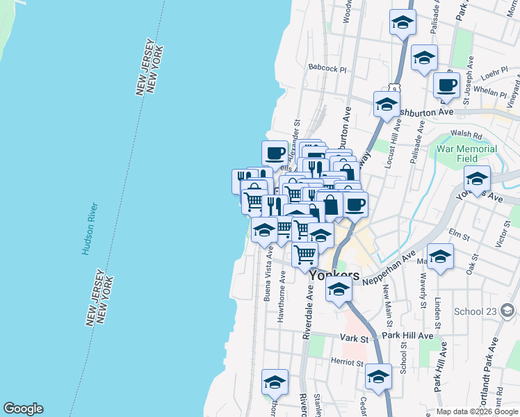 map of restaurants, bars, coffee shops, grocery stores, and more near 1 Van Der Donck Street in Yonkers