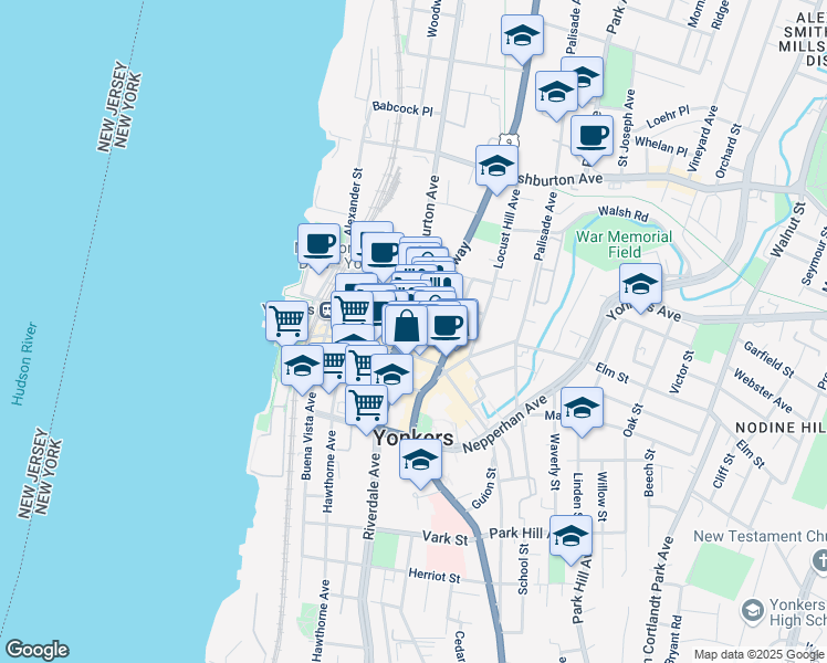 map of restaurants, bars, coffee shops, grocery stores, and more near 18 Warburton Avenue in Yonkers