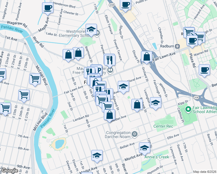 map of restaurants, bars, coffee shops, grocery stores, and more near 13-22 Edward Street in Fair Lawn