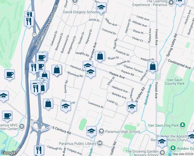 map of restaurants, bars, coffee shops, grocery stores, and more near 138 Geering Terrace in Paramus