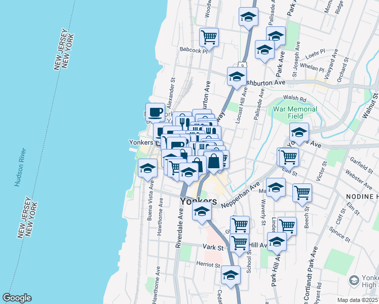 map of restaurants, bars, coffee shops, grocery stores, and more near 18 Warburton Avenue in Yonkers