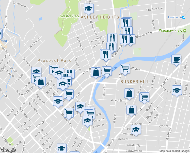 map of restaurants, bars, coffee shops, grocery stores, and more near 1 North 7th Street in Hawthorne