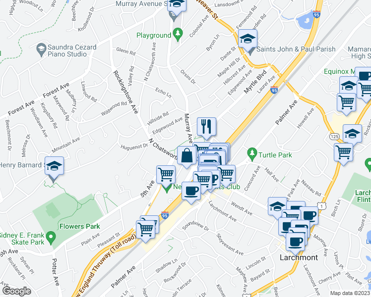 map of restaurants, bars, coffee shops, grocery stores, and more near 27-29 Murray Avenue in Larchmont