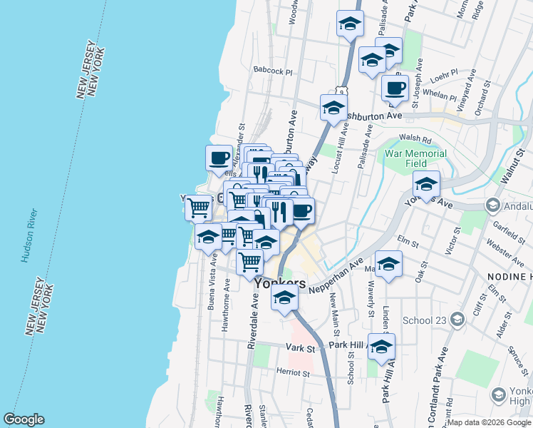 map of restaurants, bars, coffee shops, grocery stores, and more near 66 Main Street in Yonkers