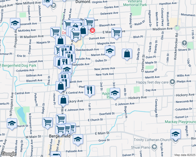 map of restaurants, bars, coffee shops, grocery stores, and more near 103 Merritt Avenue in Bergenfield