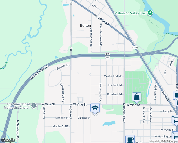 map of restaurants, bars, coffee shops, grocery stores, and more near 1244 Johnson Avenue in Alliance