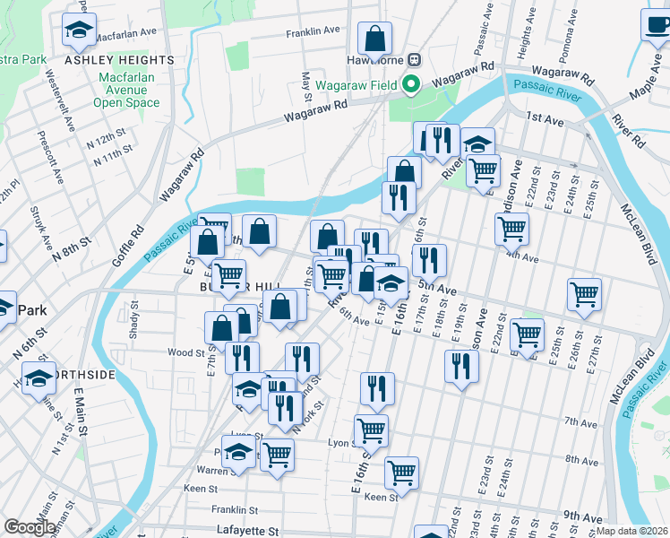 map of restaurants, bars, coffee shops, grocery stores, and more near in Paterson