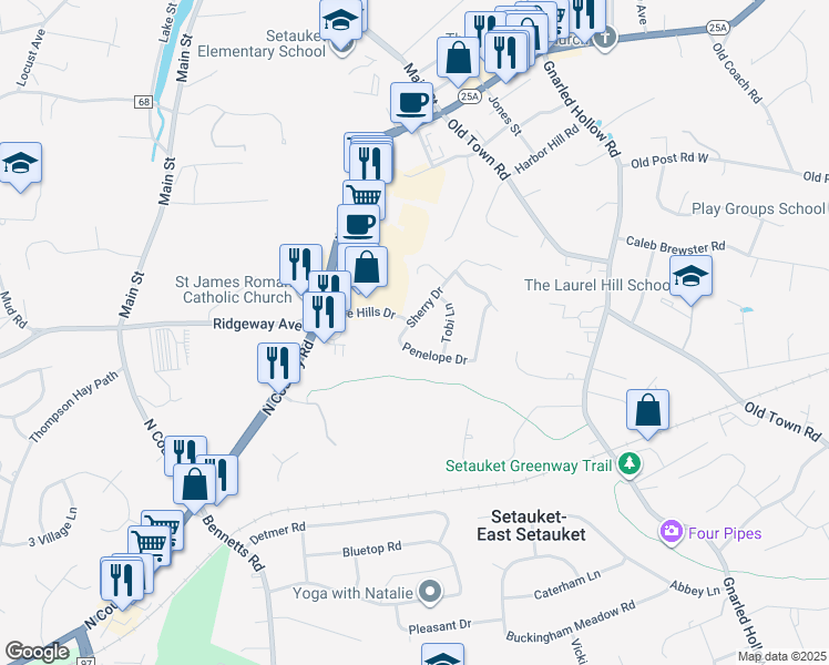 map of restaurants, bars, coffee shops, grocery stores, and more near 34 Sherry Drive in Setauket- East Setauket