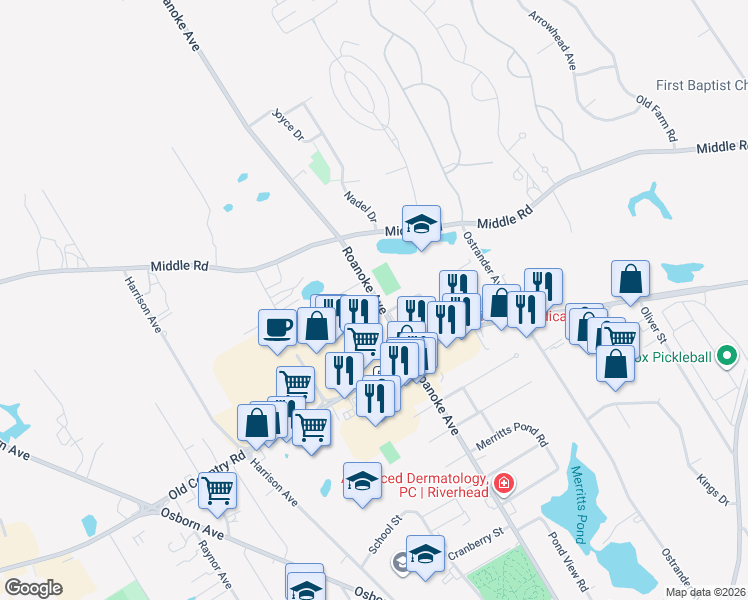 map of restaurants, bars, coffee shops, grocery stores, and more near 1355 Roanoke Avenue in Riverhead