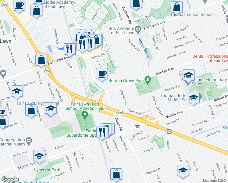 map of restaurants, bars, coffee shops, grocery stores, and more near 25-20 Berdan Avenue in Fair Lawn
