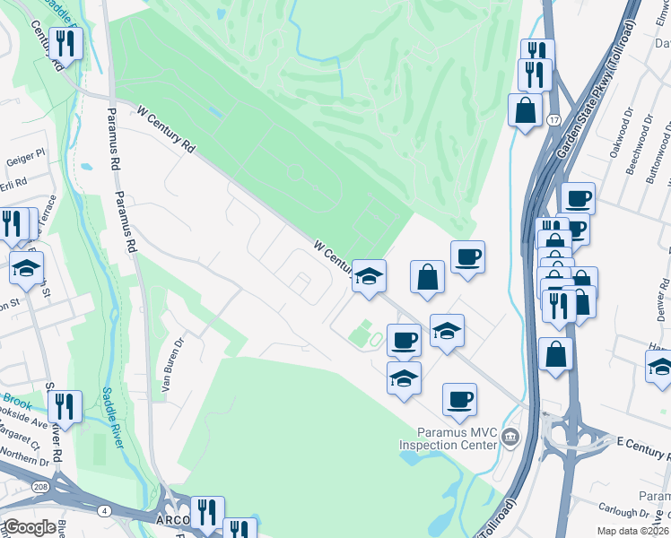 map of restaurants, bars, coffee shops, grocery stores, and more near 26 Mulberry Court in Paramus