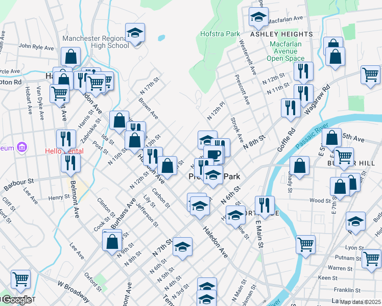 map of restaurants, bars, coffee shops, grocery stores, and more near N 11th St & Brown Ave in Prospect Park