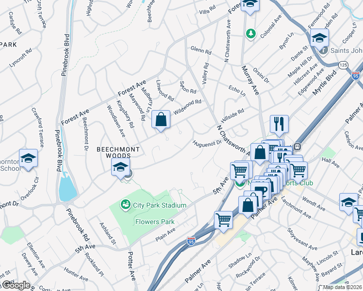 map of restaurants, bars, coffee shops, grocery stores, and more near 250 Barnard Road in Larchmont