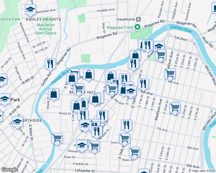 map of restaurants, bars, coffee shops, grocery stores, and more near 132 5th Avenue in Hawthorne
