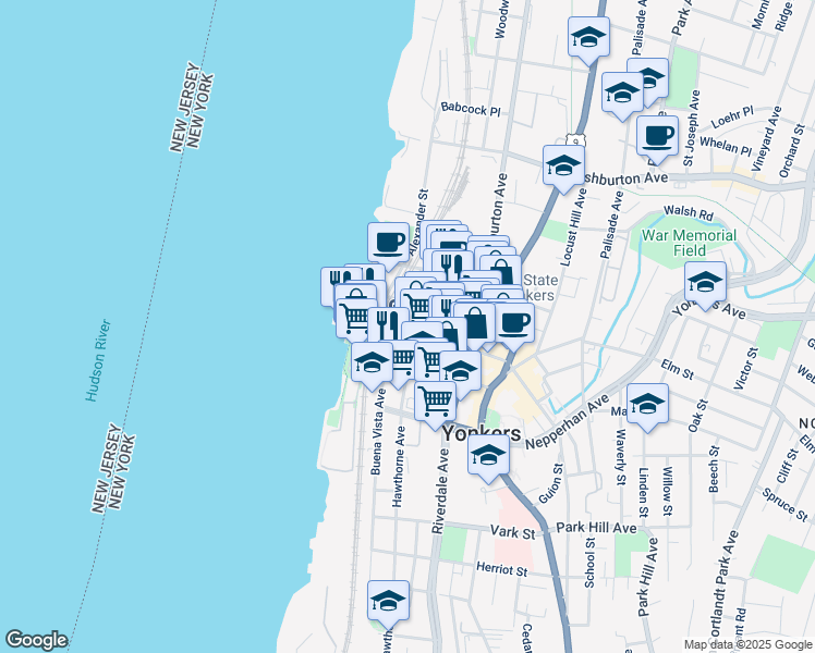 map of restaurants, bars, coffee shops, grocery stores, and more near 79-81 Main Street in Yonkers