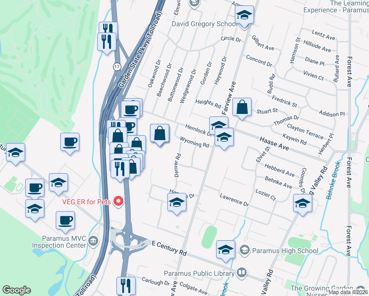 map of restaurants, bars, coffee shops, grocery stores, and more near 218 Denver Road in Paramus