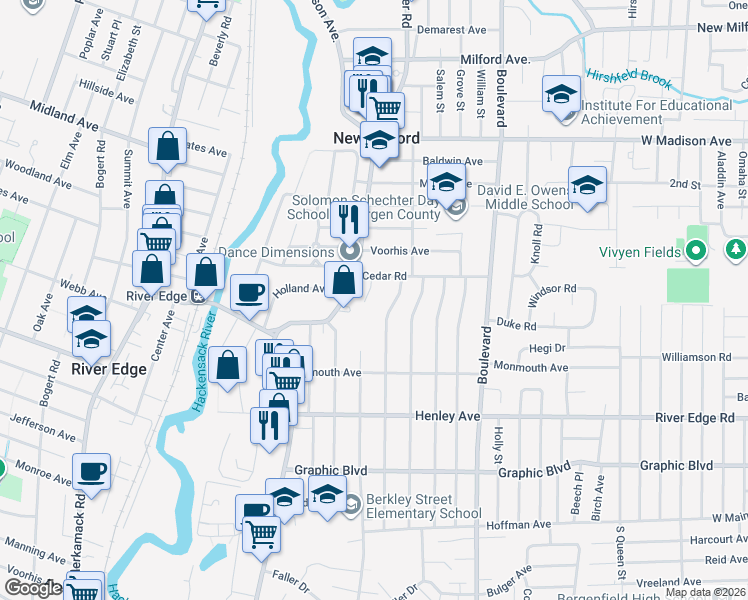 map of restaurants, bars, coffee shops, grocery stores, and more near 547 Berkley Street in New Milford