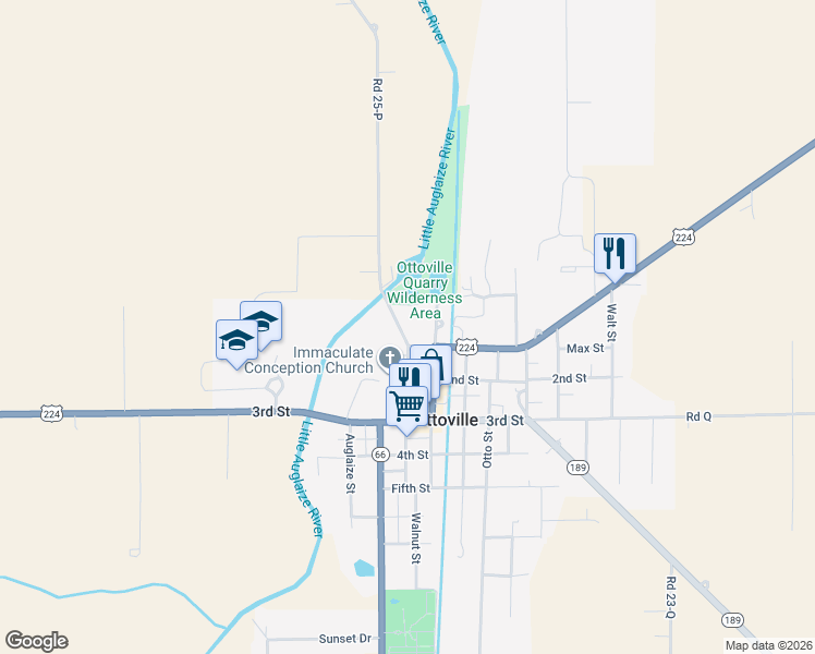map of restaurants, bars, coffee shops, grocery stores, and more near 310 Church Street in Fort Jennings