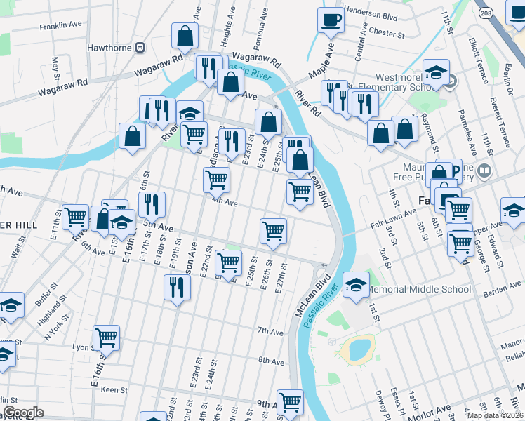map of restaurants, bars, coffee shops, grocery stores, and more near 130 East 25th Street in Paterson