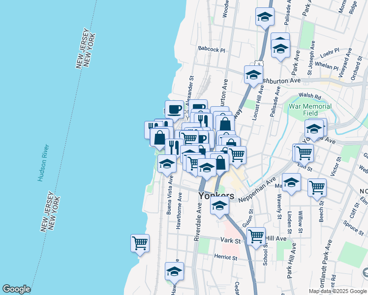 map of restaurants, bars, coffee shops, grocery stores, and more near 79 Main Street in Yonkers