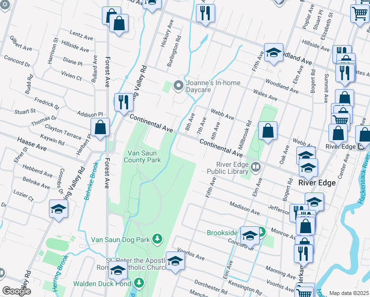 map of restaurants, bars, coffee shops, grocery stores, and more near 10 Kimberly Way in River Edge