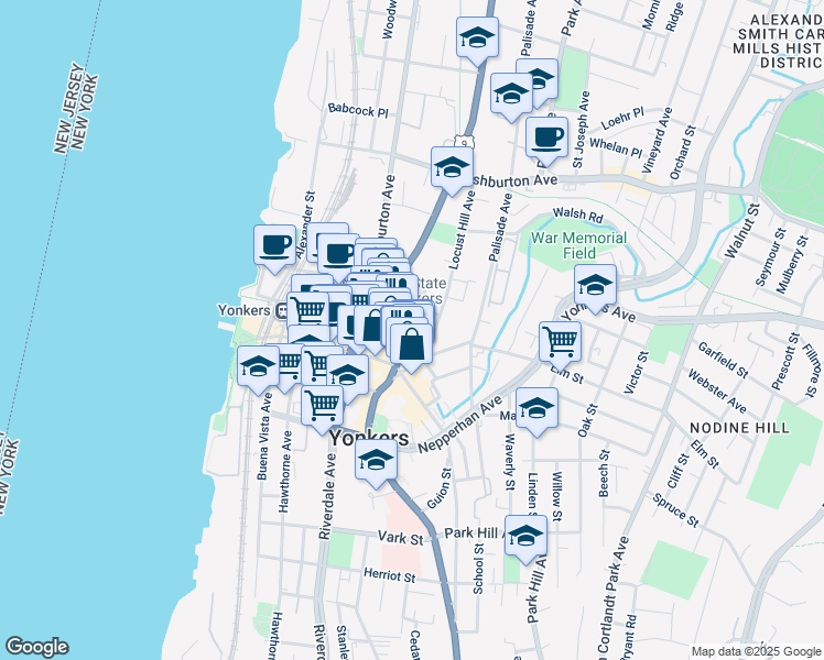 map of restaurants, bars, coffee shops, grocery stores, and more near 14 Overlook Terrace in Yonkers