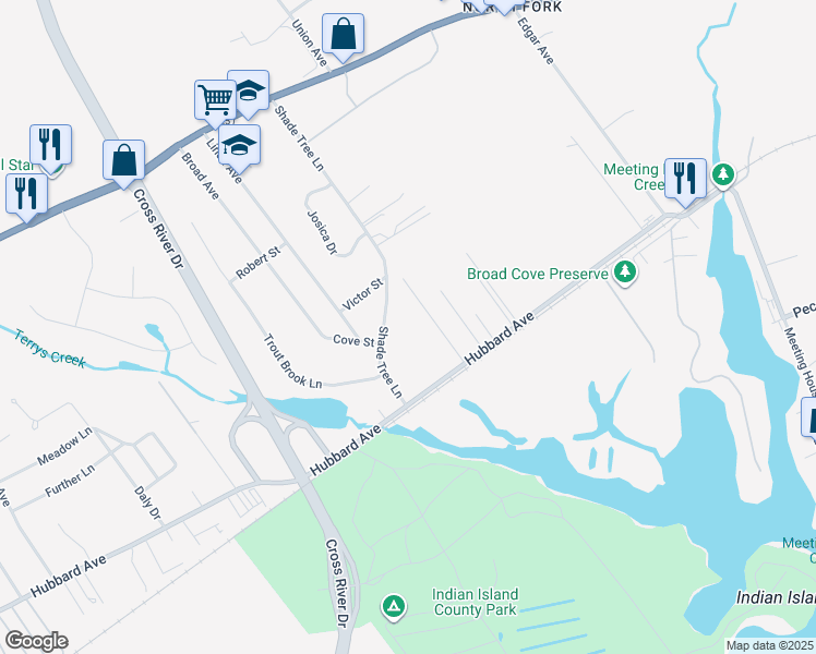 map of restaurants, bars, coffee shops, grocery stores, and more near 74 Shade Tree Lane in Riverhead
