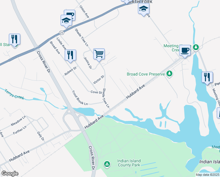 map of restaurants, bars, coffee shops, grocery stores, and more near 74 Shade Tree Lane in Riverhead