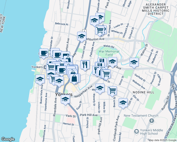 map of restaurants, bars, coffee shops, grocery stores, and more near 60 Palisade Avenue in Yonkers